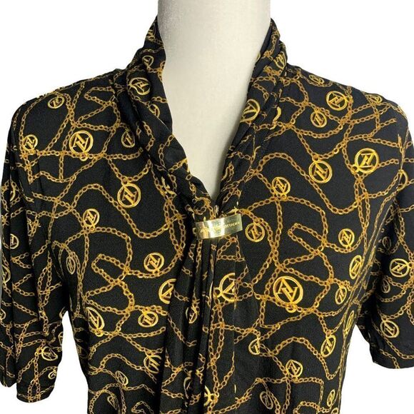 Vintage Adrienne Vittadini Stretch Knit Blouse S Black Scarf Neck Short Sleeves - Picture 2 of 7